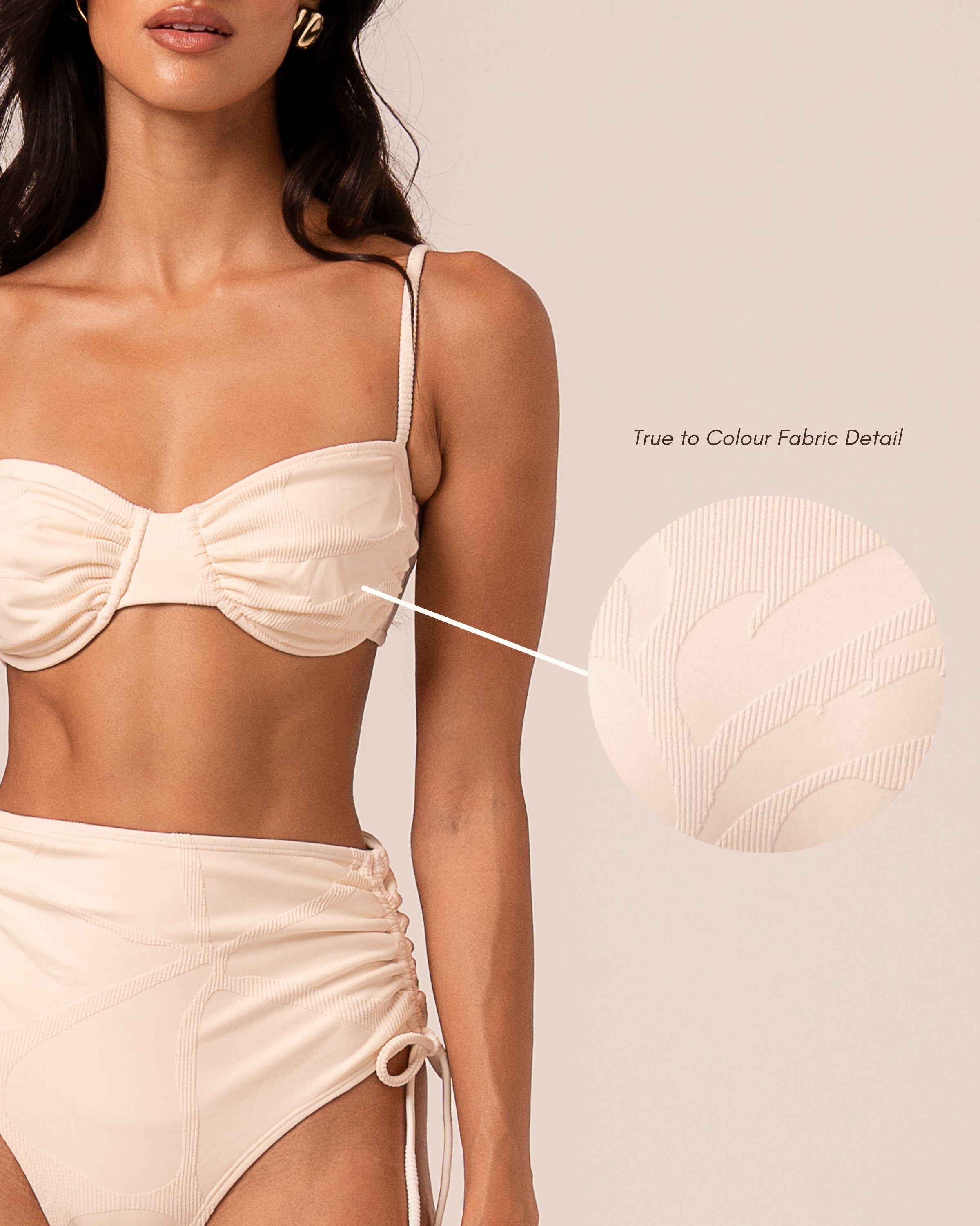 Close-up of the ivory jacquard rib fabric on the soft cup bralette showing the woven floral motif — true to colour fabric detail