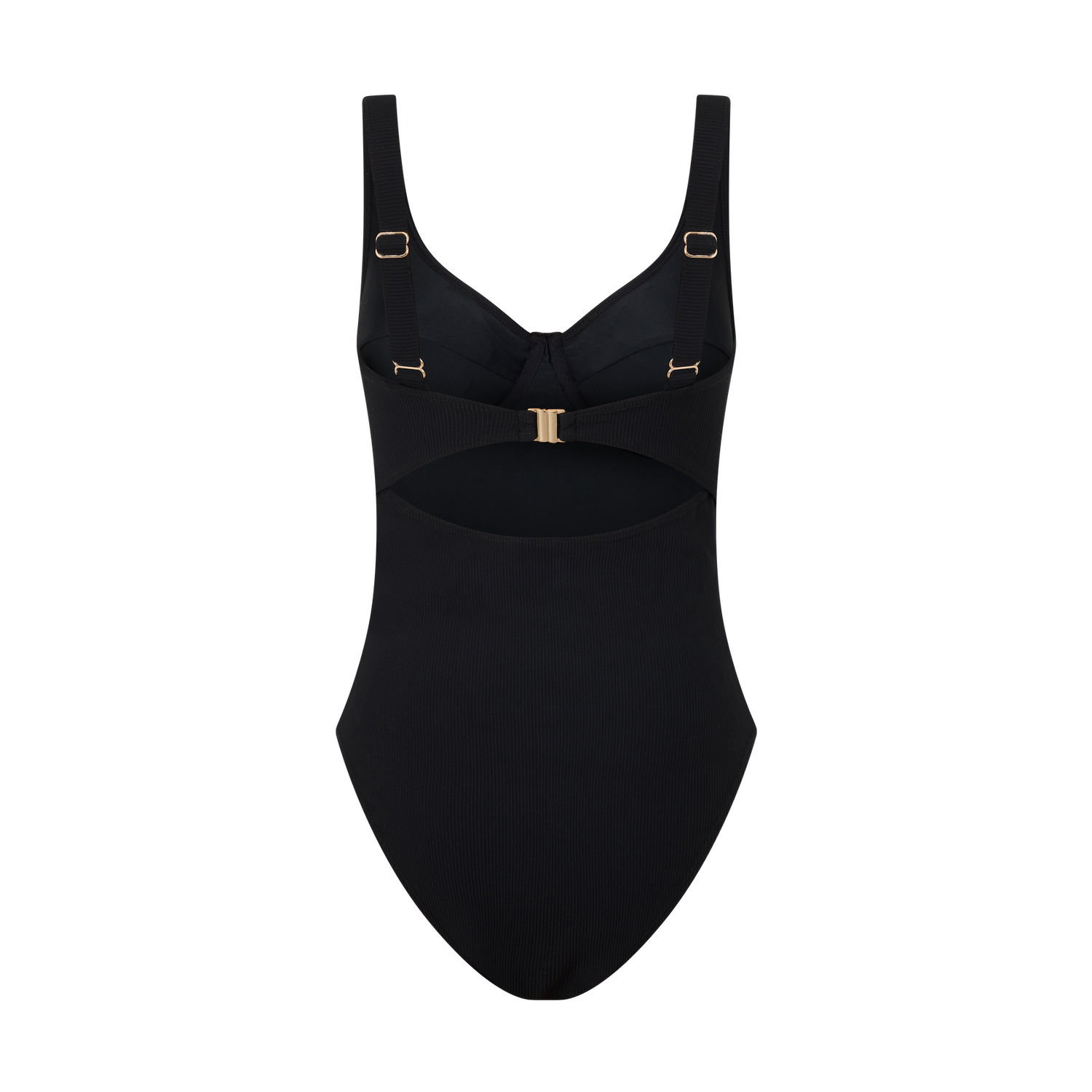 Ochre Lane black rib underwire one piece swimsuit, back product view with adjustable straps and gold hardware