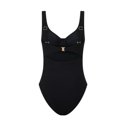 Ochre Lane black rib underwire one piece swimsuit, back product view with adjustable straps and gold hardware