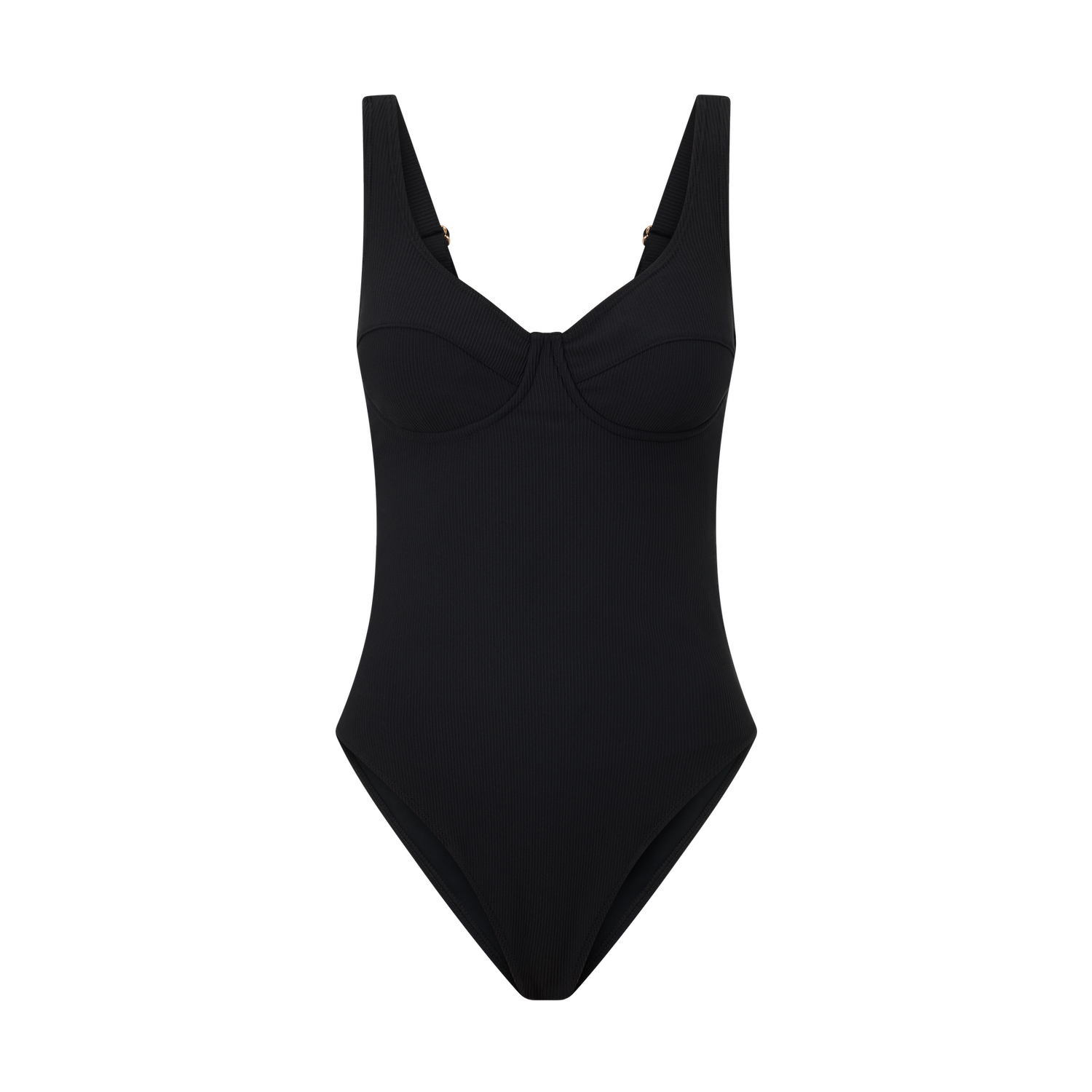 Ochre Lane black rib underwire one piece swimsuit, front product view with supportive underwire cups