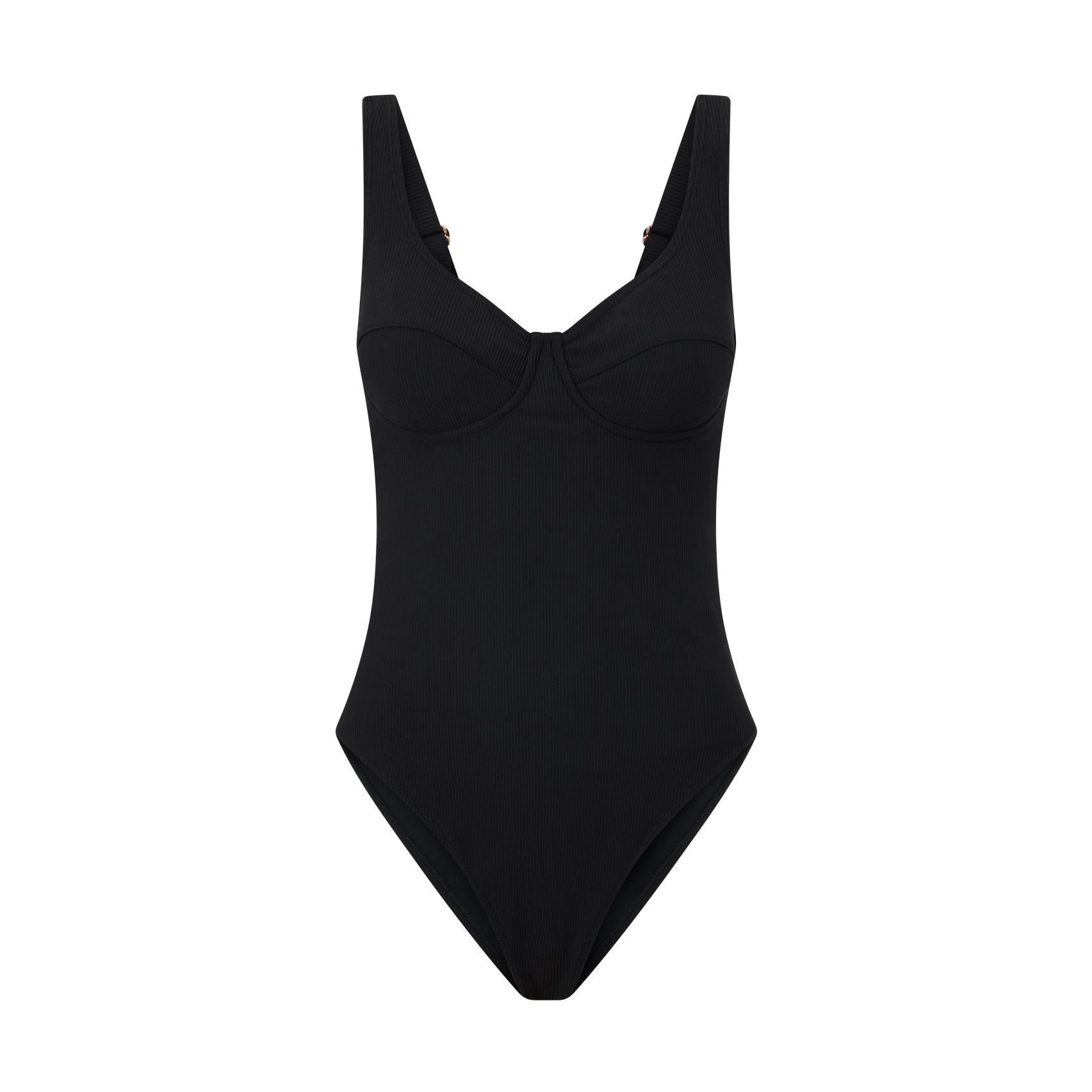 Ochre Lane black rib underwire one piece swimsuit, front product view with supportive underwire cups