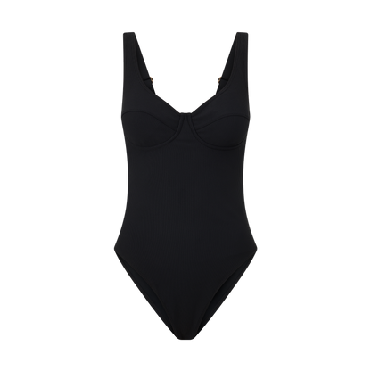 Ochre Lane black rib underwire one piece swimsuit, front product view with supportive underwire cups