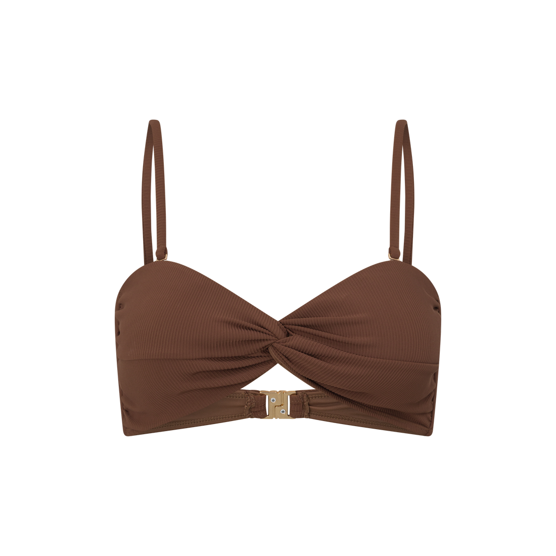 Flat lay of the Ochre Lane Twist Bandeau Top in ribbed chocolate brown, showing front twist design.
