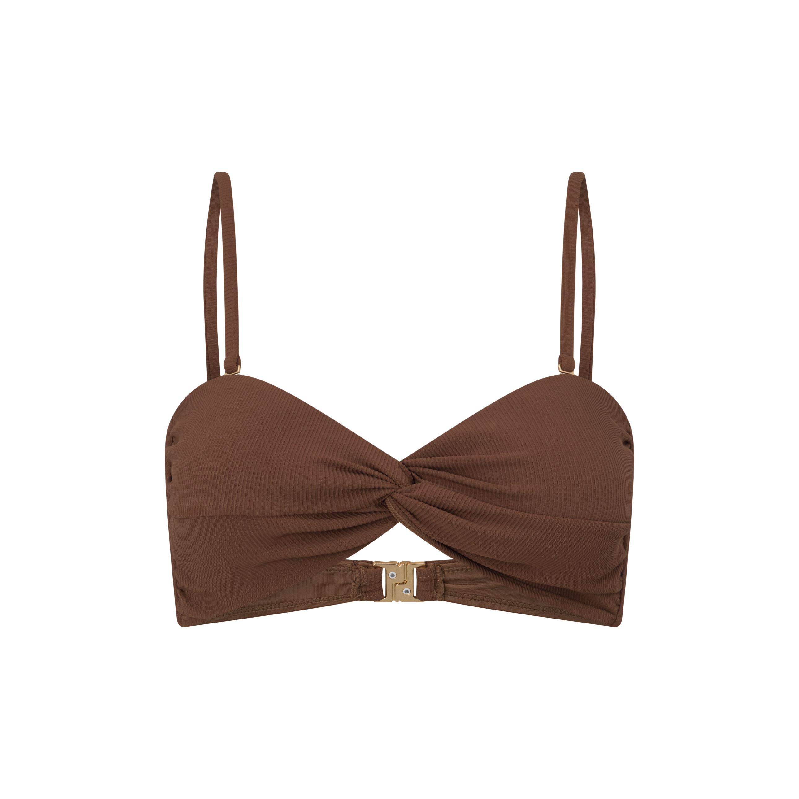 Flat lay of the Ochre Lane Twist Bandeau Top in ribbed chocolate brown, showing front twist design.