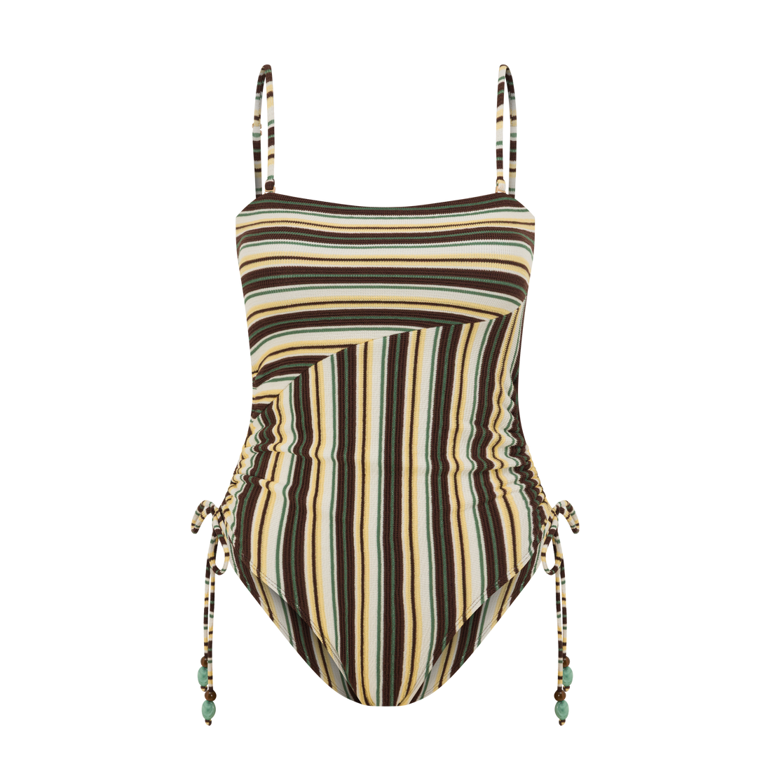 Strapless Side Tie One Piece in Palm Stripe print, luxury Australian swimwear with adjustable side ties