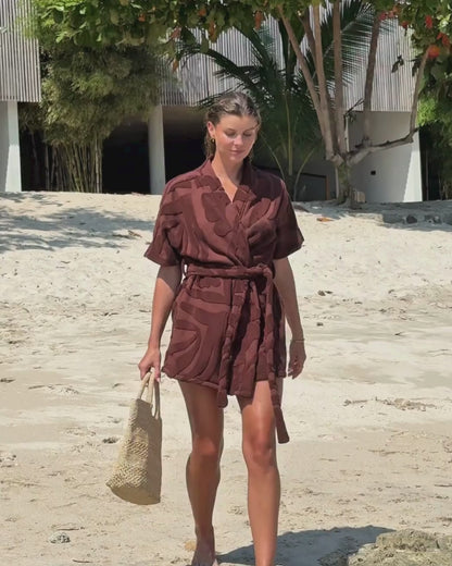 Chocolate Brown Short Sleeve Towelling Robe – Vacation Loungewear Style
