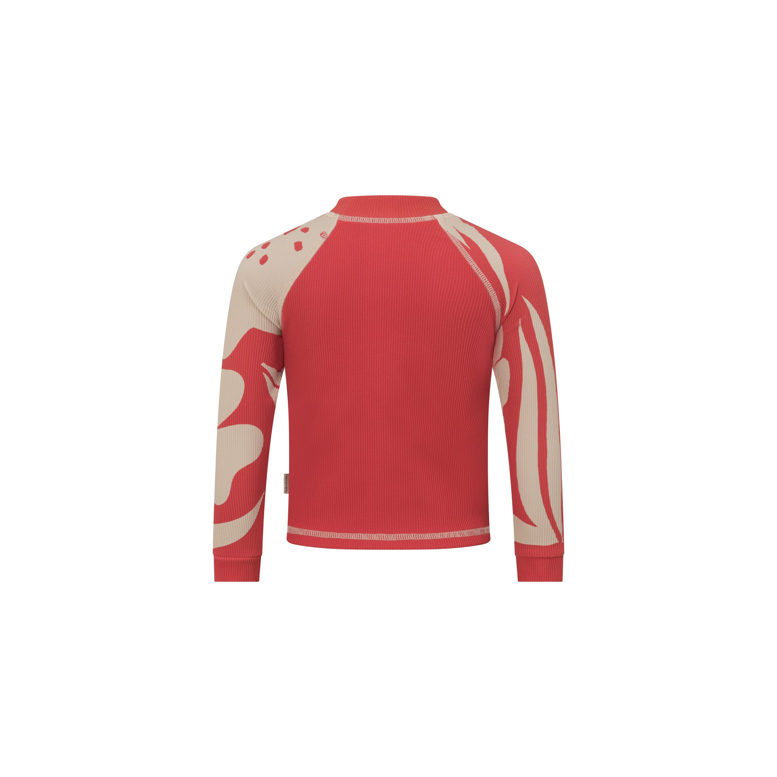 Back view of a red kids long sleeve rash shirt showing the cream hibiscus print raglan sleeves and ribbed sun-safe fabric