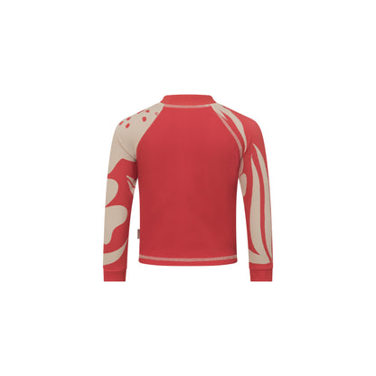 Back view of a red kids long sleeve rash shirt showing the cream hibiscus print raglan sleeves and ribbed sun-safe fabric