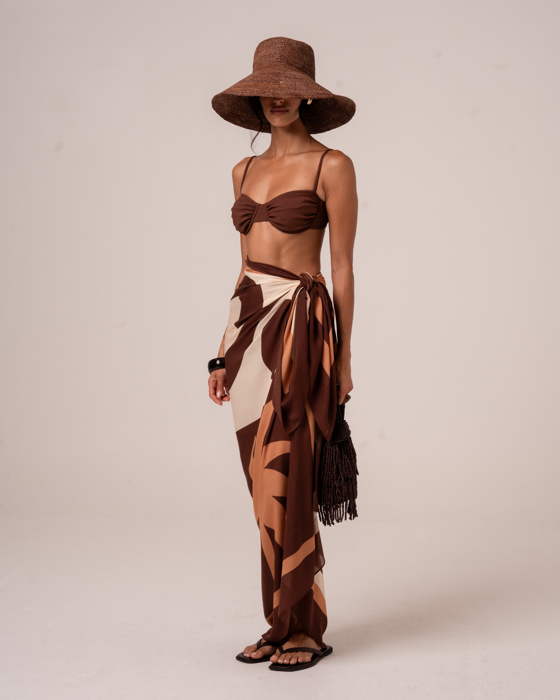 Ochre Lane Sombra Sarong in chocolate and cream abstract floral print, lightweight beach cover-up, sizes 8-22
