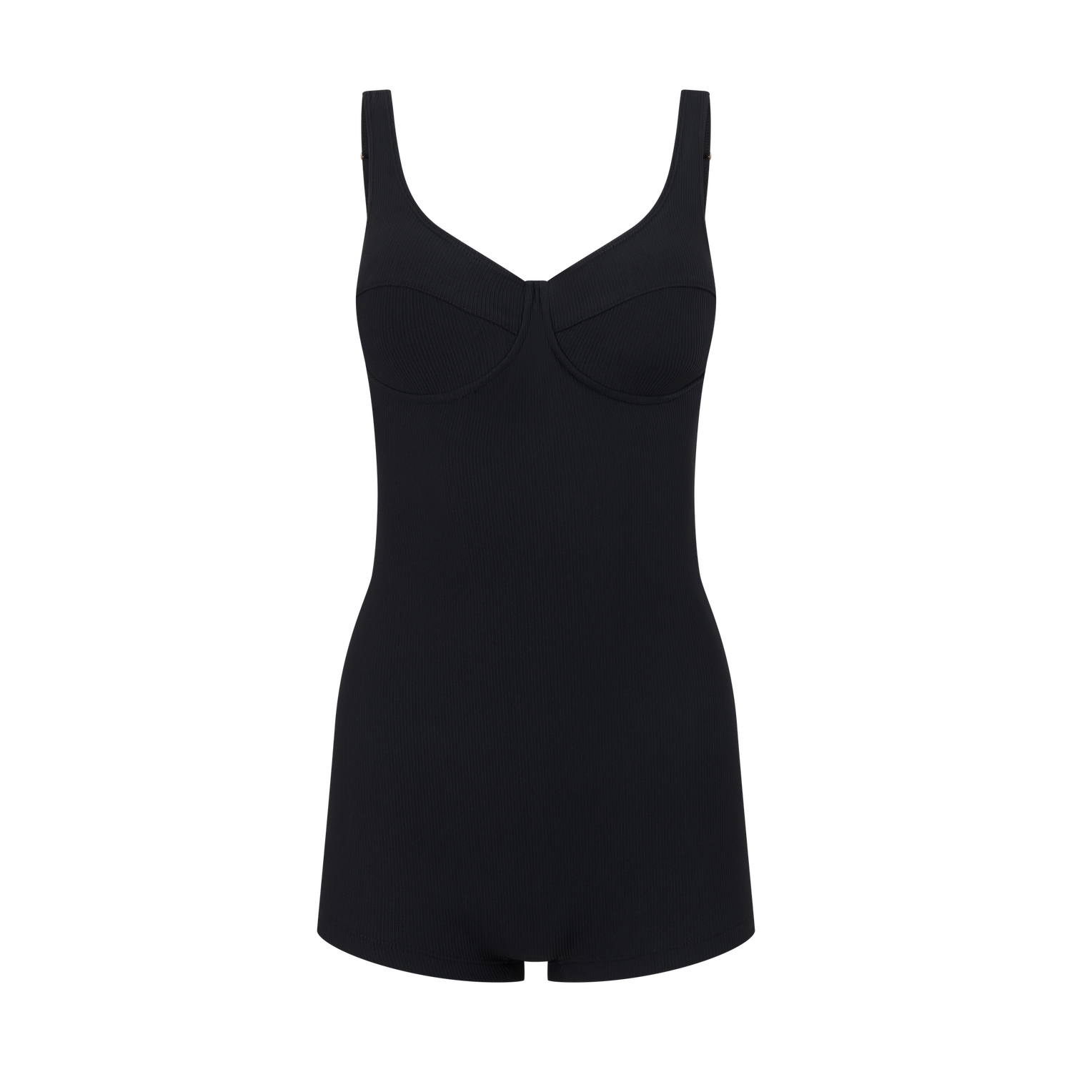 Black rib swim one piece with shorts-style bottom – supportive active design