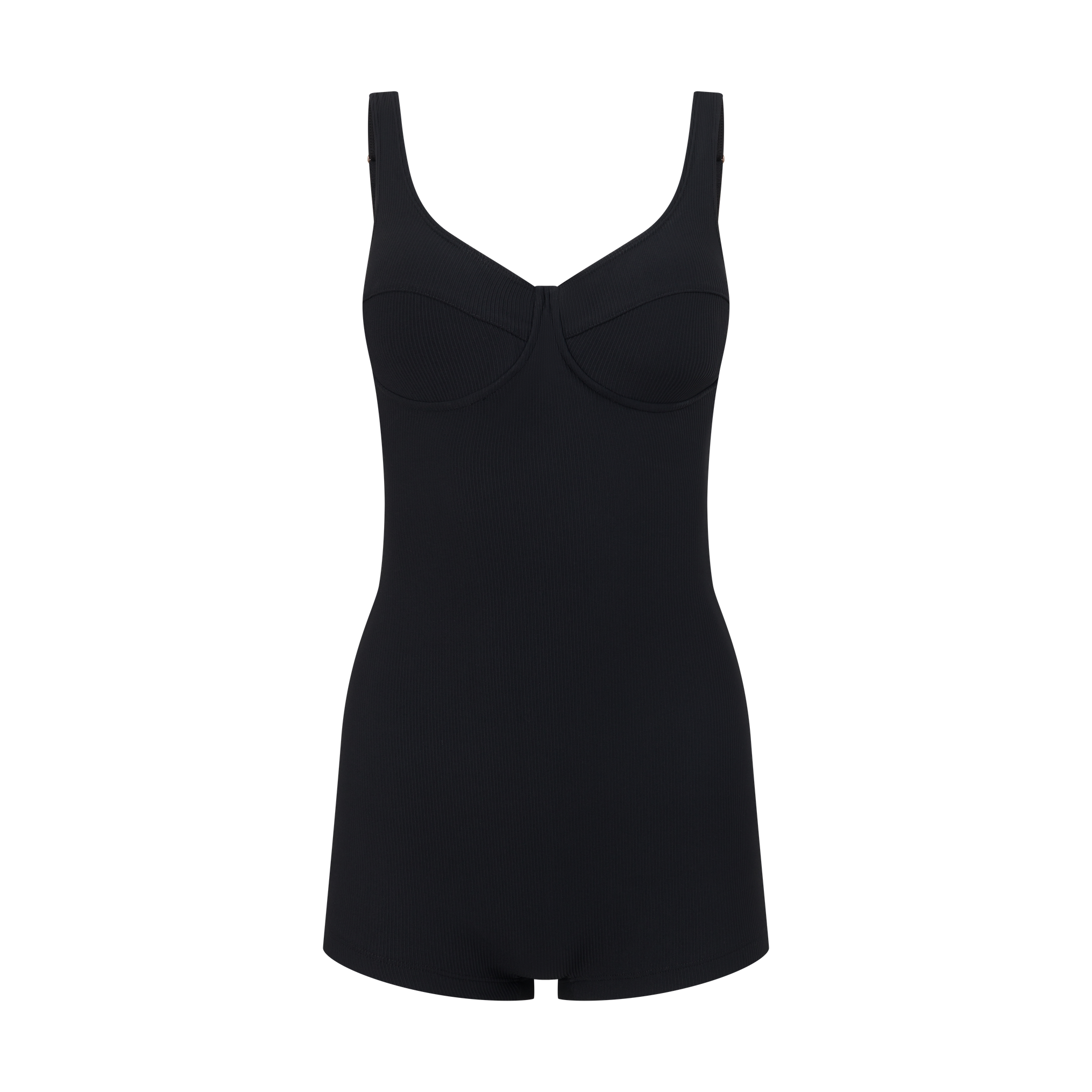 Black rib swim one piece with shorts-style bottom – supportive active design
