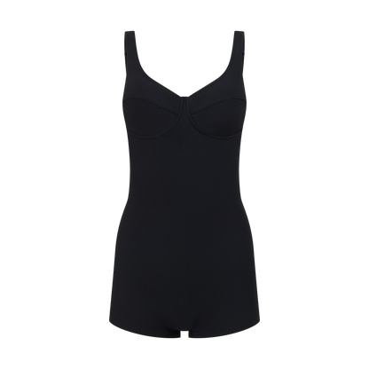 Black rib swim one piece with shorts-style bottom – supportive active design