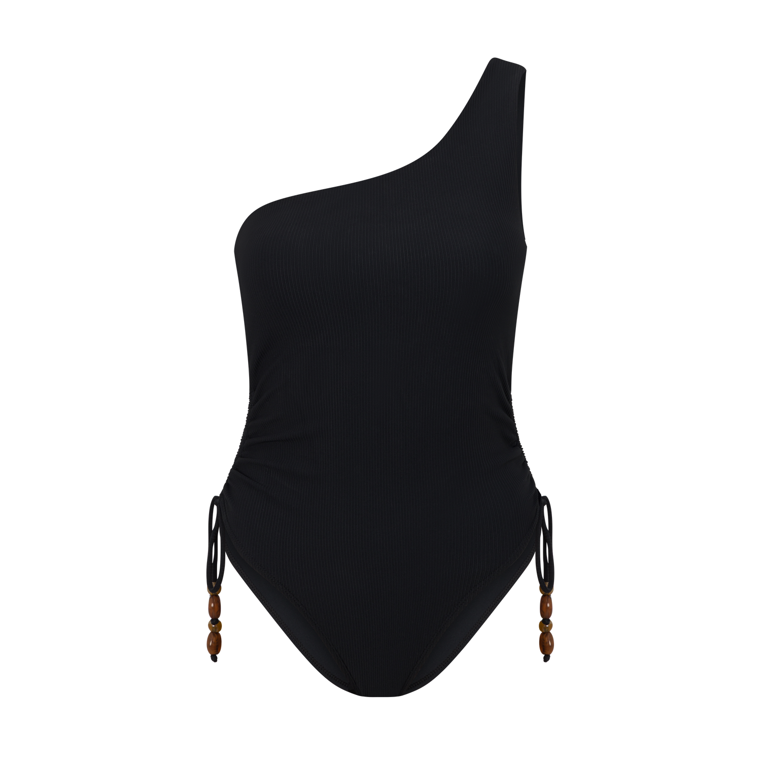 Women’s black rib swimwear – ruched one shoulder one piece with beads