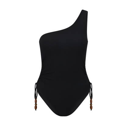 Women’s black rib swimwear – ruched one shoulder one piece with beads