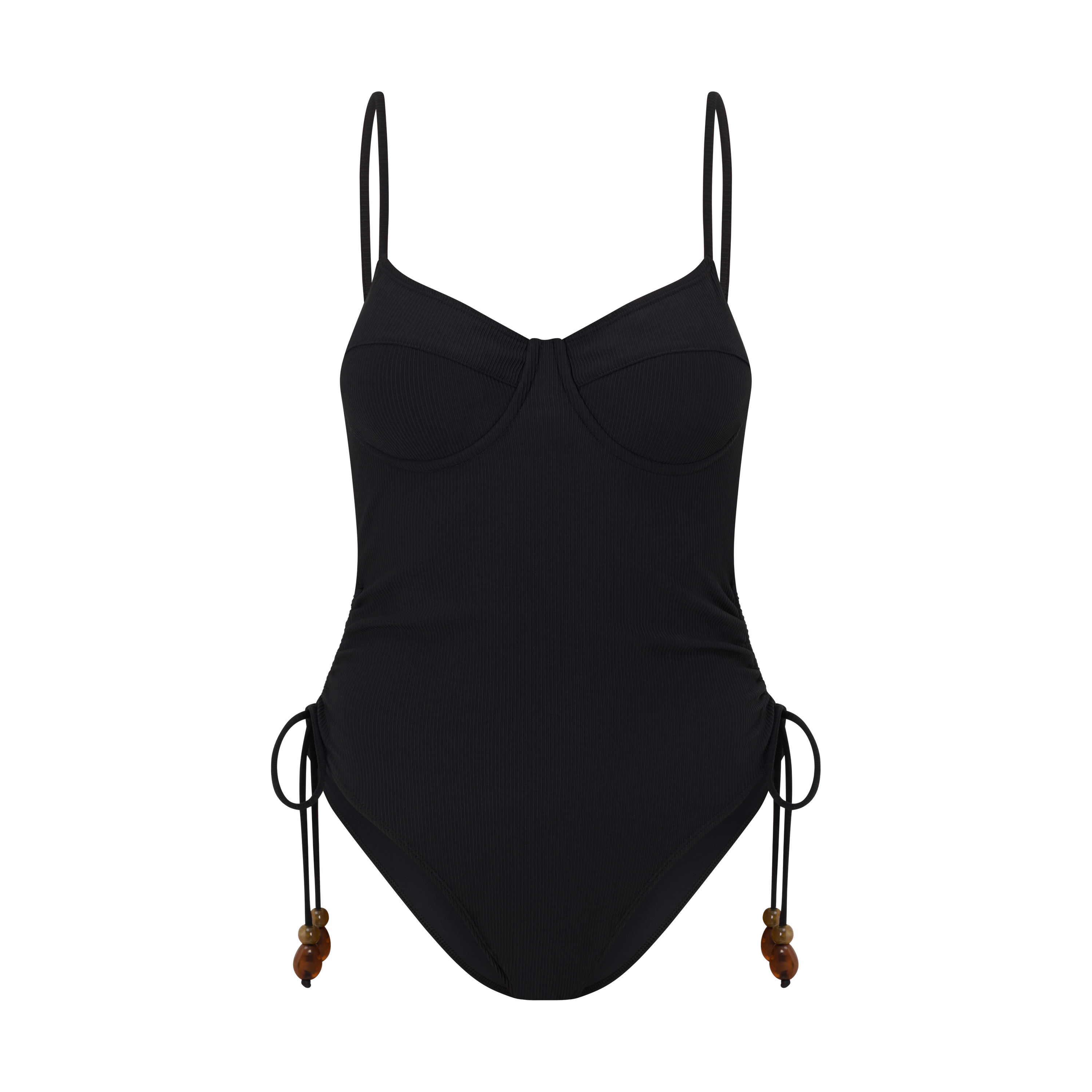Women’s ribbed one piece swimwear in black with side tie detail