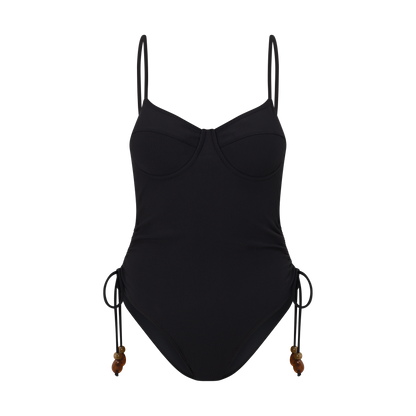 Women’s ribbed one piece swimwear in black with side tie detail
