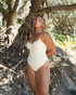 Women’s butter yellow ribbed one piece swimsuit with underwire and thin straps